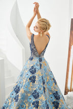 Sleeveless Aline Evening Dress V-Neck Flower Floor Length Prom Dress