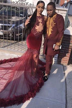 Sleeveless Applique Floor Length Burgundy Evening Gowns Slim Sweep Train Prom Gown