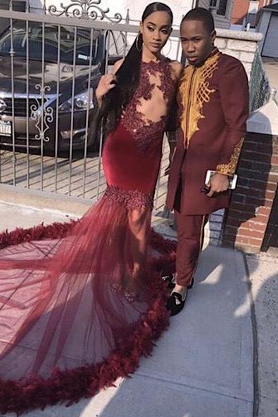 Sleeveless Applique Floor Length Burgundy Evening Gowns Slim Sweep Train Prom Gown