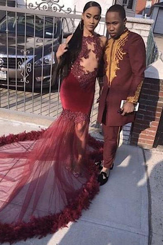 Sleeveless Applique Floor Length Burgundy Evening Gowns Slim Sweep Train Prom Gown