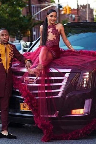 Sleeveless Applique Floor Length Burgundy Evening Gowns Slim Sweep Train Prom Gown