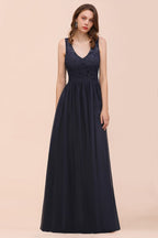 Vestido largo de noche negro sin mangas, corte en A, de gasa, para dama de honor, vestido formal