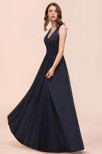 Vestido largo de noche negro sin mangas, corte en A, de gasa, para dama de honor, vestido formal