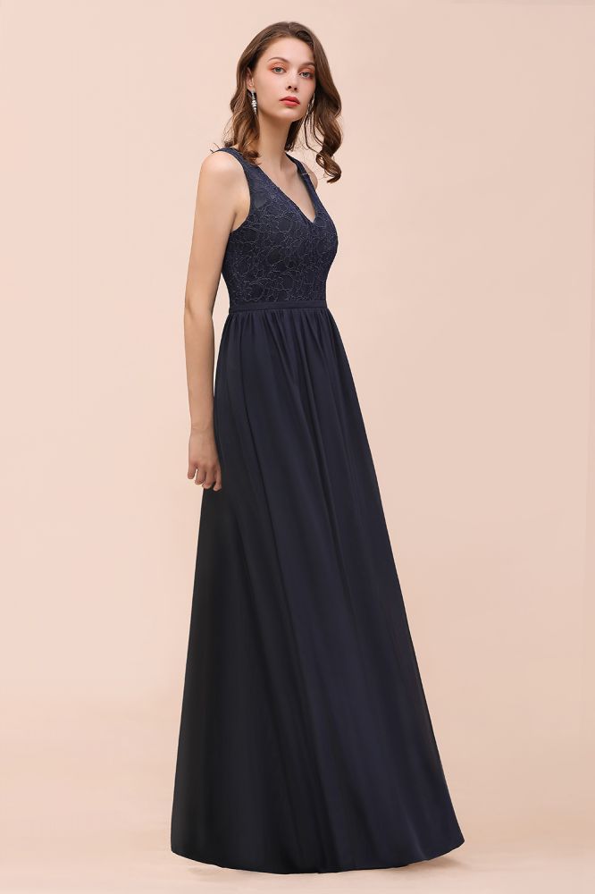 Vestido largo de noche negro sin mangas, corte en A, de gasa, para dama de honor, vestido formal
