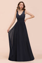 Vestido largo de noche negro sin mangas, corte en A, de gasa, para dama de honor, vestido formal