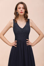 Vestido largo de noche negro sin mangas, corte en A, de gasa, para dama de honor, vestido formal