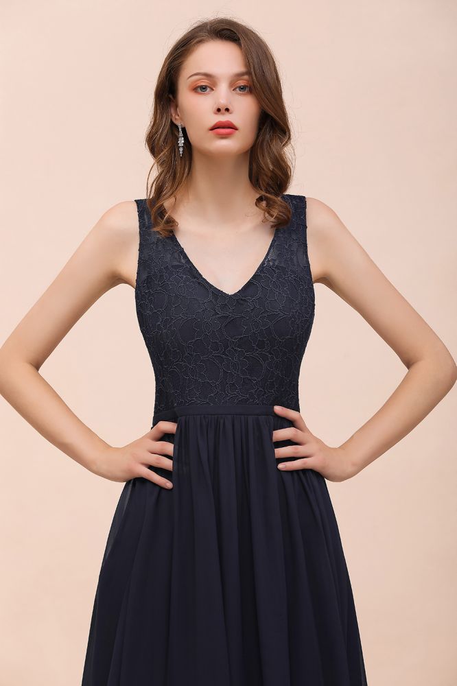 Vestido largo de noche negro sin mangas, corte en A, de gasa, para dama de honor, vestido formal