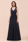 Vestido largo de noche negro sin mangas, corte en A, de gasa, para dama de honor, vestido formal