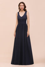 Vestido largo de noche negro sin mangas, corte en A, de gasa, para dama de honor, vestido formal