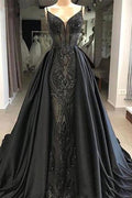 Vestidos de noche negros sin mangas con una encantadora cola de sirena de encaje