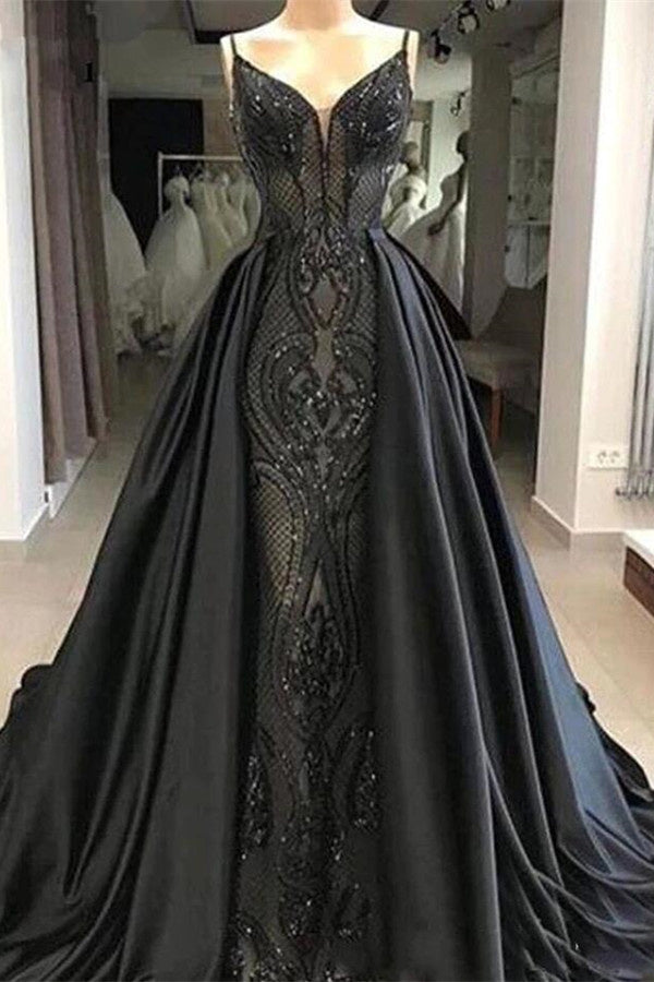 Vestidos de noche negros sin mangas con una encantadora cola de sirena de encaje