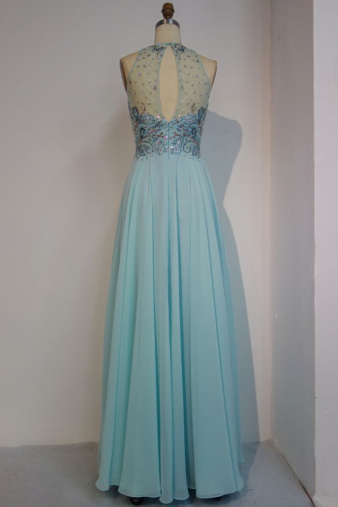 Robe de bal longue sans manches en mousseline, coupe trapèze, col rond, ornée de perles de cristal