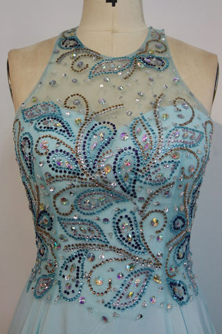 Robe de bal longue sans manches en mousseline, coupe trapèze, col rond, ornée de perles de cristal