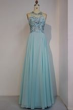 Robe de bal longue sans manches en mousseline, coupe trapèze, col rond, ornée de perles de cristal