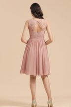Sleeveless Crew neck Lace Chiffon Party Dress Mini Bridesmaid Dress