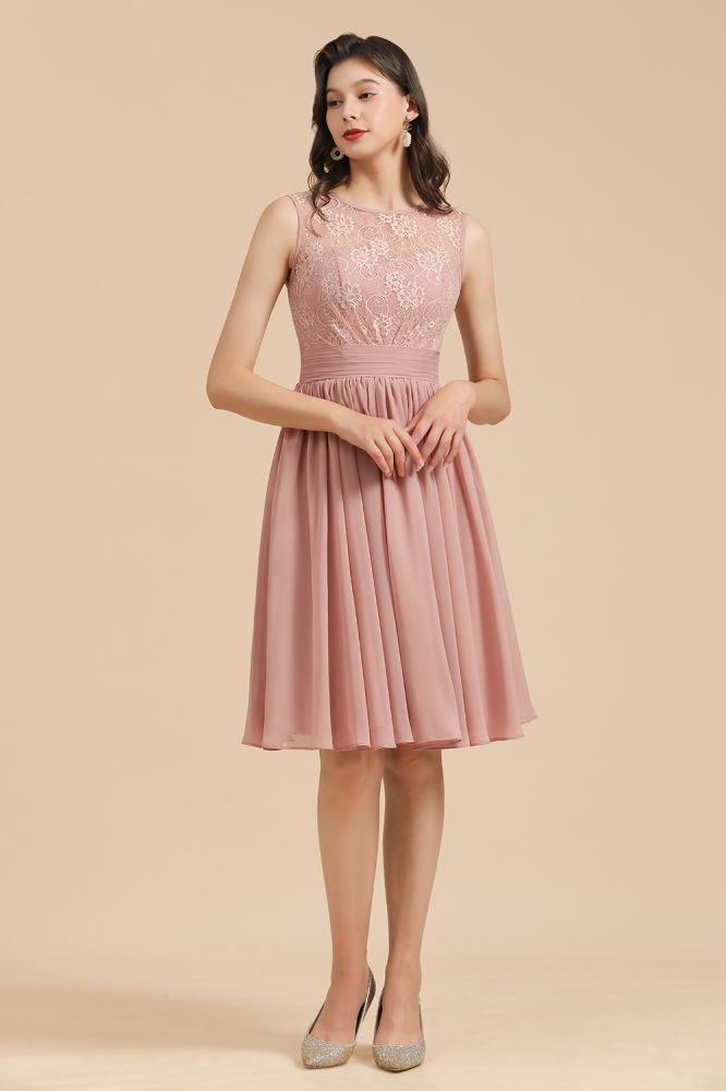 Vestido de fiesta de gasa de encaje sin mangas con cuello redondo, minivestido de dama de honor