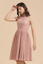 Sleeveless Crew neck Lace Chiffon Party Dress Mini Bridesmaid Dress
