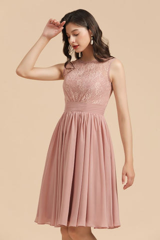 Sleeveless Crew neck Lace Chiffon Party Dress Mini Bridesmaid Dress