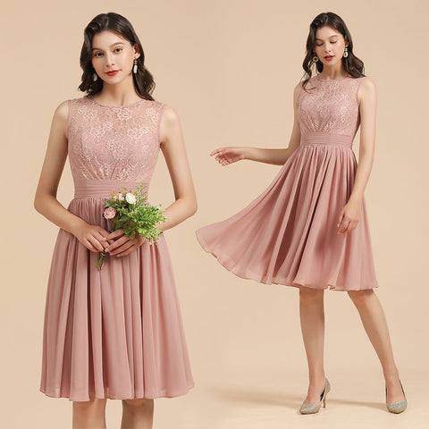 Sleeveless Crew neck Lace Chiffon Party Dress Mini Bridesmaid Dress