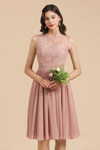 Sleeveless Crew neck Lace Chiffon Party Dress Mini Bridesmaid Dress