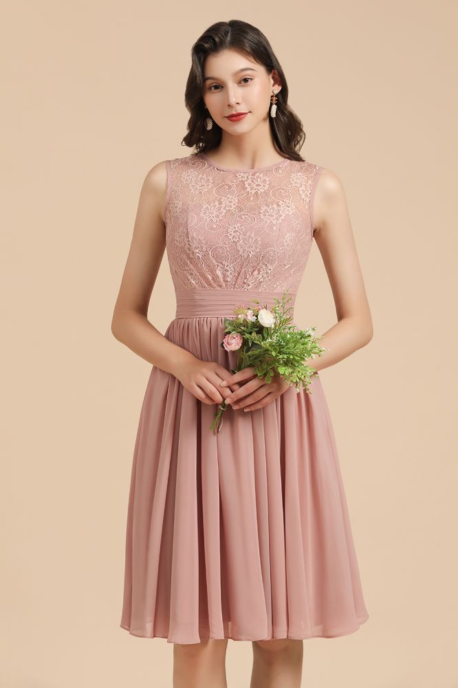 Vestido de fiesta de gasa de encaje sin mangas con cuello redondo, minivestido de dama de honor
