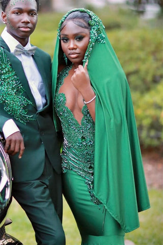 Sleeveless Dark Green Halter Mermaid Prom Dress With Beadings