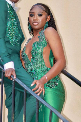 Sleeveless Dark Green Halter Mermaid Prom Dress With Beadings