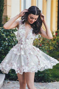 Robe de soirée élégante et courte sans manches à fleurs, coupe trapèze, référence PD065