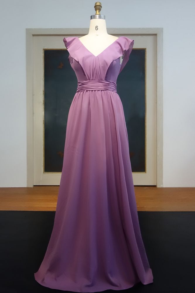 Robes de bal longues sans manches en mousseline à volants, coupe trapèze et col en V, col en V