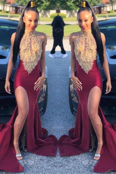 Sleeveless Halter Front Slit Gold Appliques Burgundy Evening Gowns Mermaid Prom Dresses