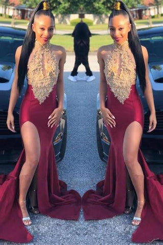 Sleeveless Halter Front Slit Gold Appliques Burgundy Evening Gowns Mermaid Prom Dresses