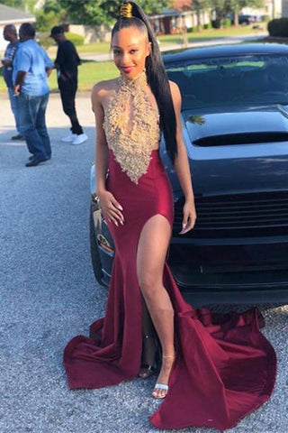 Sleeveless Halter Front Slit Gold Appliques Burgundy Evening Gowns Mermaid Prom Dresses