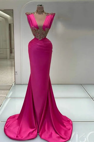 Sleeveless High Neck Mermaid Prom Dresses With Appliques in Fuchsia