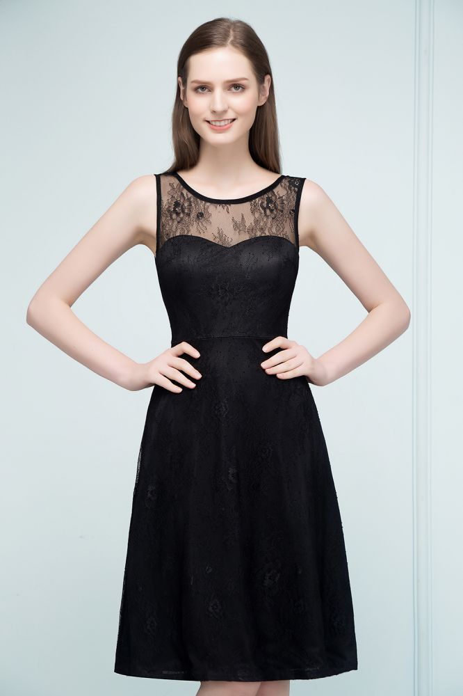 Vestidos de dama de honor sin mangas de encaje, corte en A y hasta la rodilla