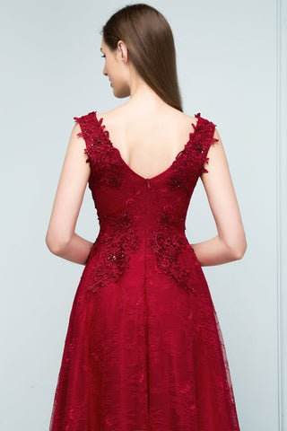 Vestidos largos de fiesta sin mangas, corte en A, escote en V, apliques de encaje y cristales.