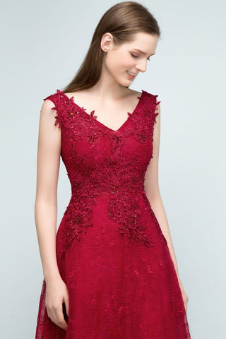 Vestidos largos de fiesta sin mangas, corte en A, escote en V, apliques de encaje y cristales.