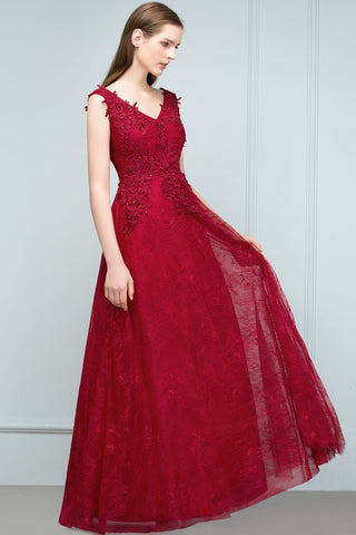 Vestidos largos de fiesta sin mangas, corte en A, escote en V, apliques de encaje y cristales.