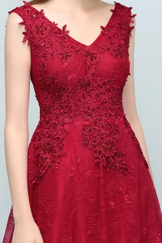 Vestidos largos de fiesta sin mangas, corte en A, escote en V, apliques de encaje y cristales.