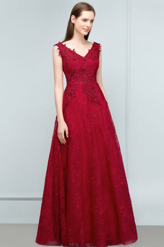 Vestidos largos de fiesta sin mangas, corte en A, escote en V, apliques de encaje y cristales.