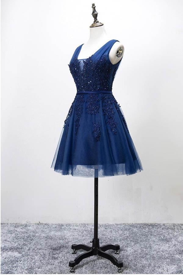 Sleeveless Lace-up Tulle Short homecoming Dress Lace Appliques PG098