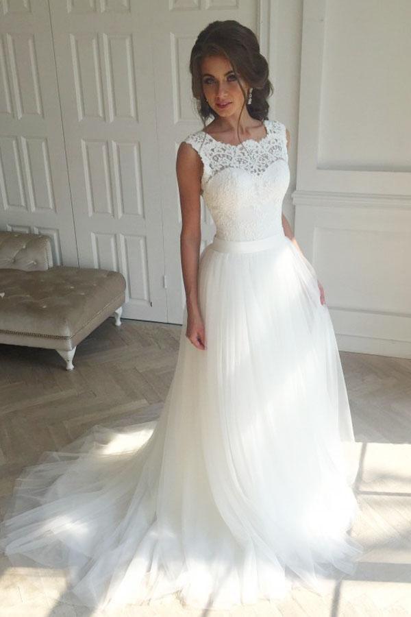 Robe de mariée blanche en dentelle sans manches, coupe trapèze, traîne balayée WD096