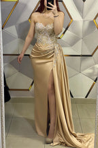 Sleeveless Mermaid Prom Dresses with Gold Appliques and Split Ruffles