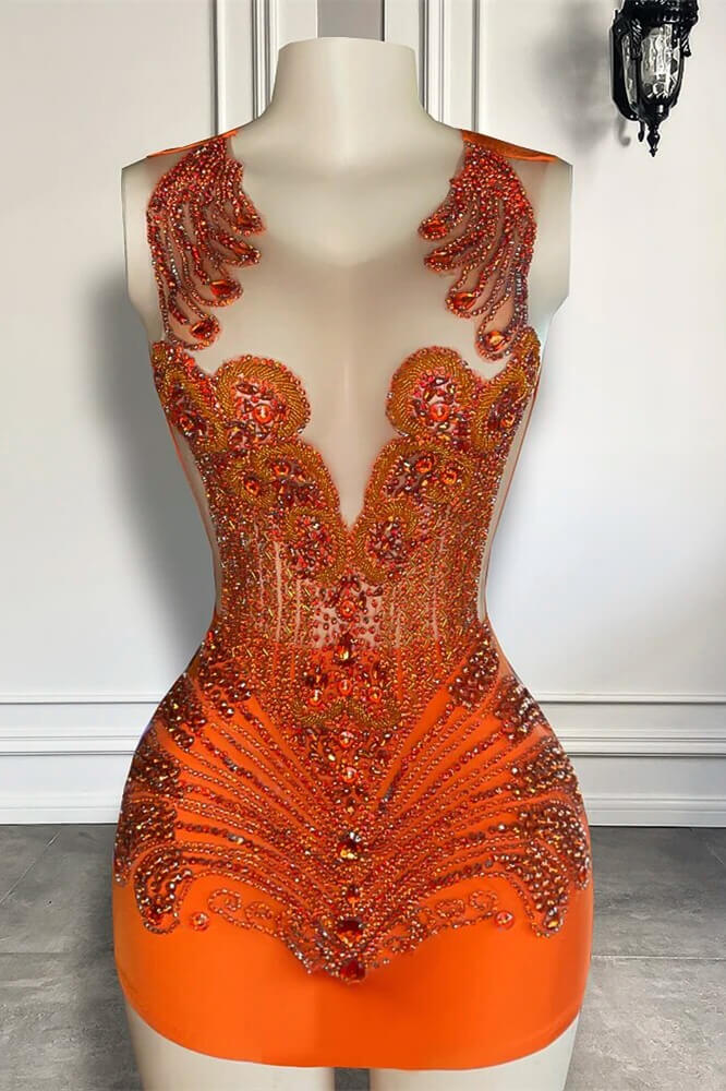 Sleeveless Orange Short Prom Dresses with Scoop Neck and Beadings