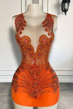 Sleeveless Orange Short Prom Dresses with Scoop Neck and Beadings