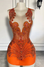 Sleeveless Orange Short Prom Dresses with Scoop Neck and Beadings