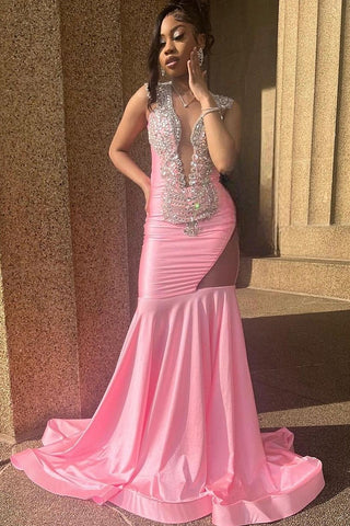 Robe de bal longue sirène rose sans manches à découpes