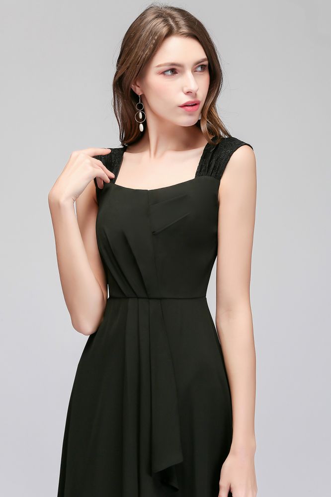Vestidos de dama de honor negros de gasa sin mangas con volantes