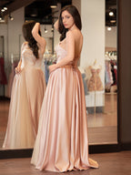 Sleeveless Satin A-Line Floor-Length Evening Gown Slit with Tulle Strapless Prom Dress