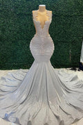 Sleeveless Silver Scoop Neck Mermaid Prom Dress with Beadings