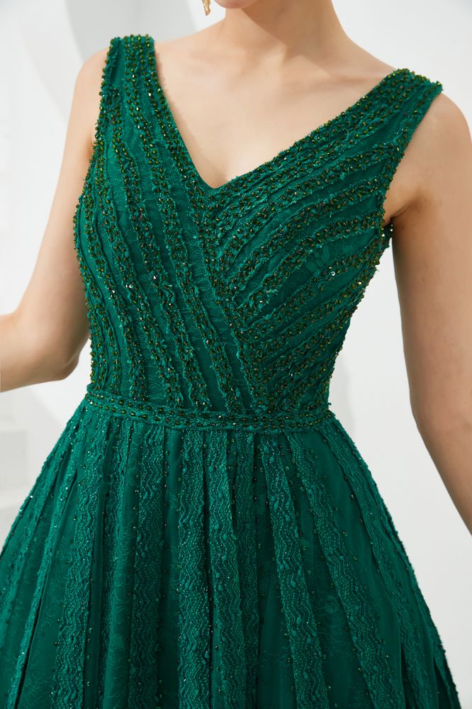 Vestido de noche sin mangas con escote en V, corte acampanado y espalda descubierta